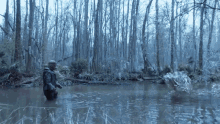 a man standing in a swamp with trees in the background and a watermark that says ' swamp ' on it