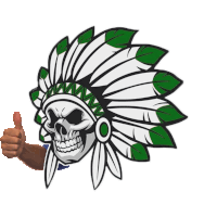 a hand giving a thumbs up next to a native american headdress with a skull on it