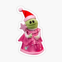 a frog wearing a pink dress and a santa hat