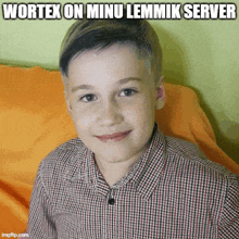 a boy in a plaid shirt is smiling with the caption wortex on minu lemmik server