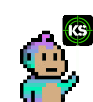 a pixel art of a monkey holding a target with the letters ks on it