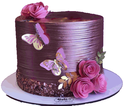 a cake with pink roses and butterflies is sitting on a plate that says ' beli ' on it