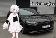 a girl in a white sweater is standing in front of an audi car