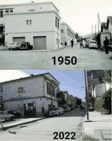 a black and white photo of a street in 1950 and a photo of a street in 2022