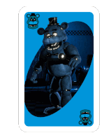 a blue playing card with a teddy bear with a top hat on it