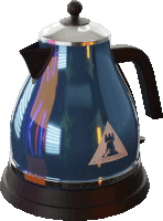 a blue kettle with a triangle on it that says blackburn island