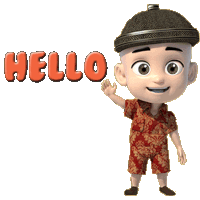 a cartoon character says hello in orange letters on a white background