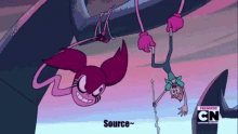 a cartoon of spinel and pearl hanging upside down from a rope with the words source below them