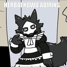 a black and white drawing of a wolf wearing a maid outfit