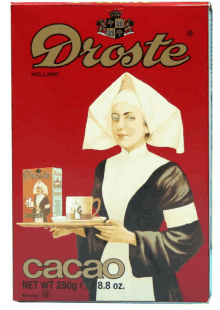 a box of droste cacao has a picture of a nun on the front