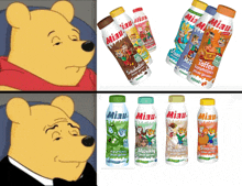 a winnie the pooh cartoon with miau bottles in the background