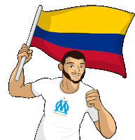 a man wearing a shirt that says direct au but is holding a flag