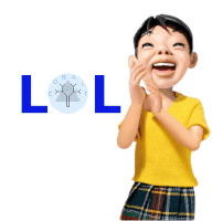 a girl in a yellow shirt and plaid skirt laughs in front of a lol sign