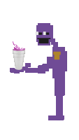 a purple pixel art character is holding a styrofoam cup with liquid coming out of it