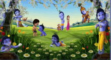 a group of cartoon characters are playing in a grassy field