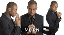 a man in a suit and tie is praying and the word mern is on the bottom