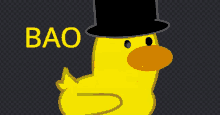 a yellow rubber duck wearing a top hat with bao written on the bottom