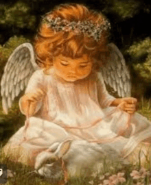 a painting of a little girl with wings sitting next to a rabbit .