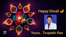 a happy diwali card with a picture of a man in the corner