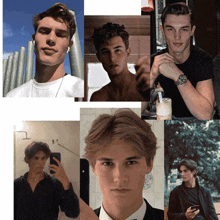 a collage of young men 's faces including a man taking a selfie