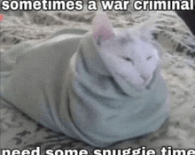 a white cat wrapped in a blanket with the caption " sometimes a war criminal need some snuggie time "