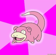 a pink cartoon character with a long tail is on a pink and white background