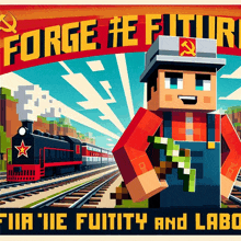 a poster that says forge the future with a minecraft character