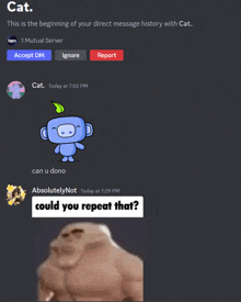 a screenshot of a discord conversation between cat and a muscular man