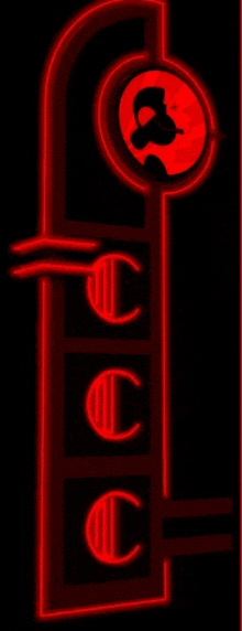 a red neon sign with the letter c on it is glowing on a black background .