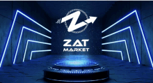 an advertisement for zat market shows a stage with blue lights