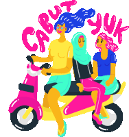 a cartoon illustration of three women riding a scooter with the words " carut yuk " written in pink