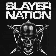 a slayer nation logo with a skull in a helmet and swords