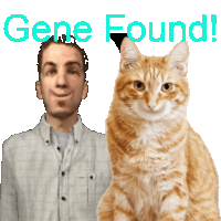 a picture of a man and a cat with the words " gene found " above them