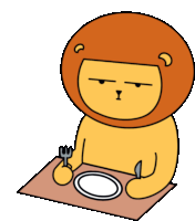 a cartoon of a lion sitting at a table with a plate and fork