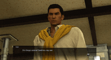 a man with a yellow scarf around his neck is talking in a video game in a foreign language