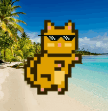 a pixel art of a cat wearing sunglasses standing on the beach