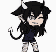 a cartoon girl with horns and a tail is wearing a black shirt and shorts .