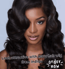 a woman wearing a wavy hair wig with the words look attractive with wavy hair wig from indicul