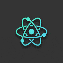 a blue icon of an atom on a dark background .