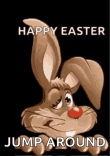 a cartoon rabbit with a red nose and the words happy easter jump around