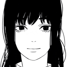 it is a black and white drawing of a girl 's face with long hair .