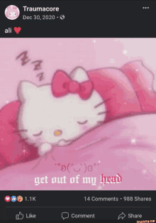 a facebook post with a picture of hello kitty sleeping