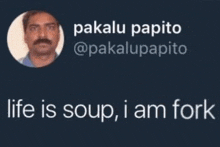 a picture of a man with a mustache and the words " life is soup , i am fork "