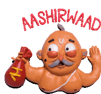 a cartoon of a man holding a bag of money with the word aashirwaad written above him