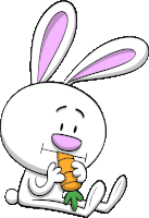 a cartoon rabbit is holding a carrot in its mouth .