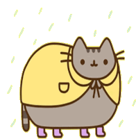 a cartoon cat wearing a yellow raincoat and pink boots