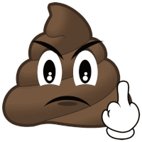 a cartoon drawing of a poop with an angry face and a white hand pointing up