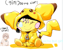 a drawing of a girl dressed as a pikachu with the words " girl do my kiar " written below it