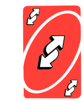 a red uno card with two white arrows pointing in opposite directions on a white background