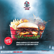 an advertisement for buffalo joe shows a hamburger french fries and a drink